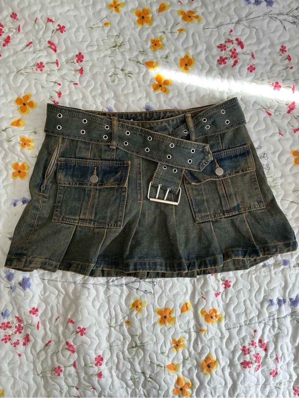 Fashion Nova Dark Blue Washed Denim Mini Skirt with Grommet Belt